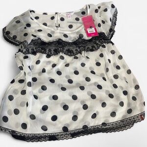 White Polka Dot Top with Black Lace Trim